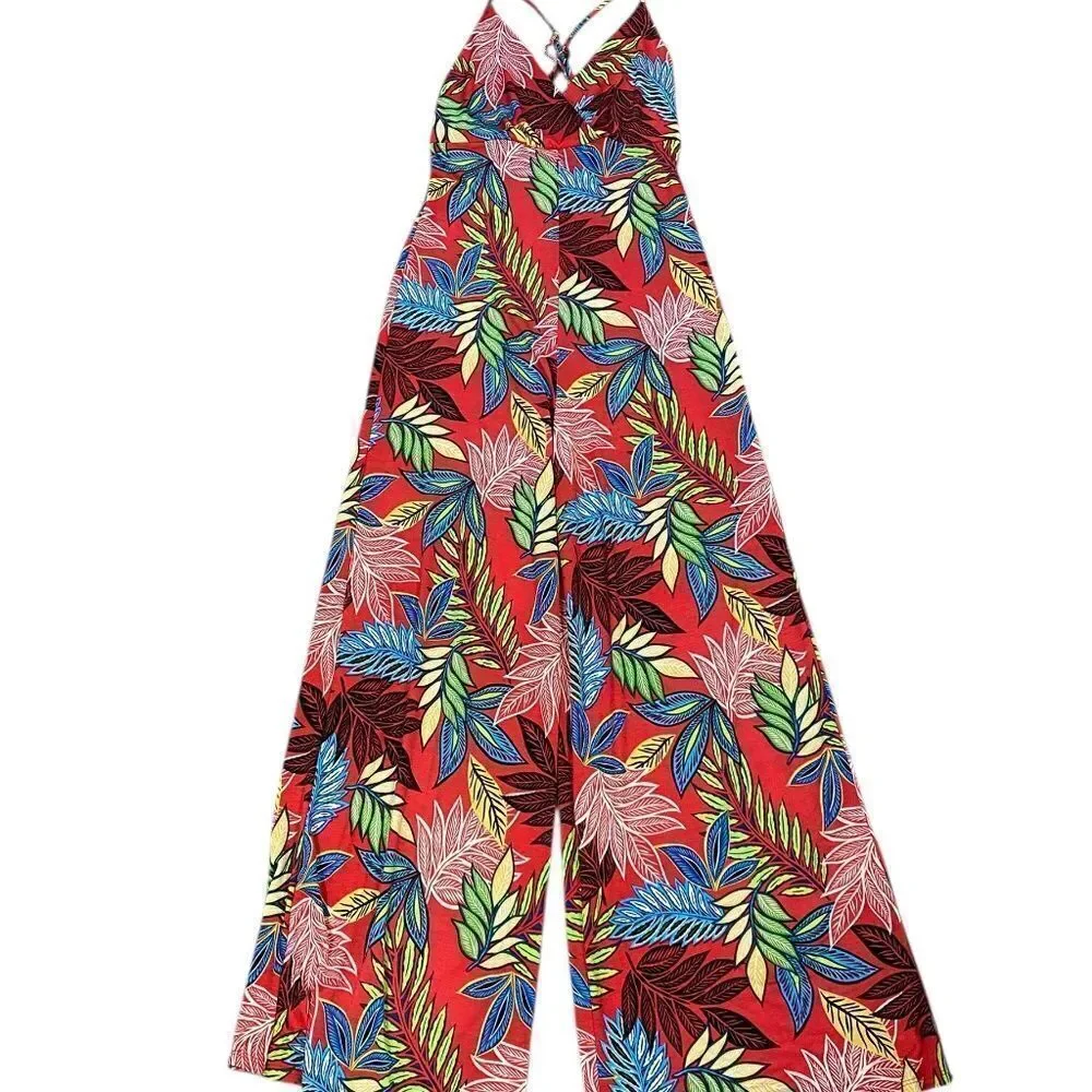 Jumpsuit S tropical colors v neck wide leg adjustable spagetti straps